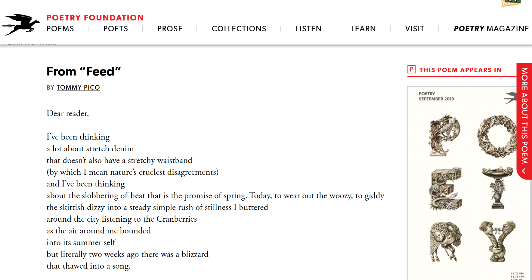 Screenshot of the preview of &lsquo;Feed&rsquo; by Tommy Pico from the Poetry Foundation website