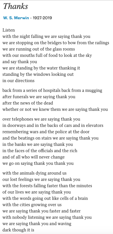 &ldquo;Thanks&rdquo; by W.S. Merwin - poetsdotorg screenshot