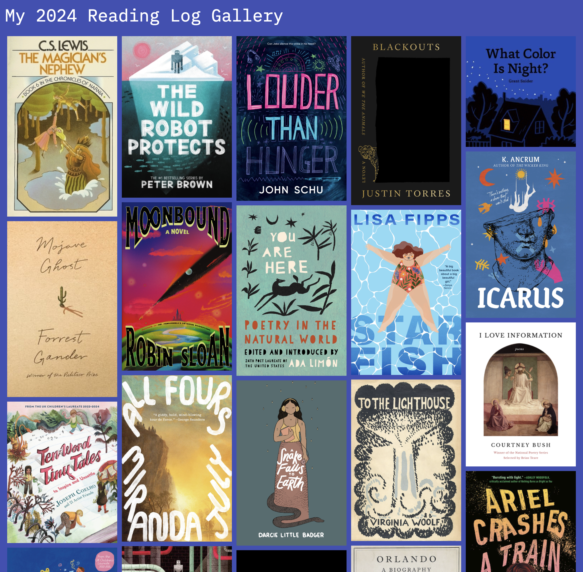Screenshot of &lsquo;My 2024 Reading Log Gallery&rsquo; on joshuaw.xyz